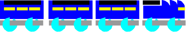 The image shows a blue train with yellow wheels on tracks against a gray background.