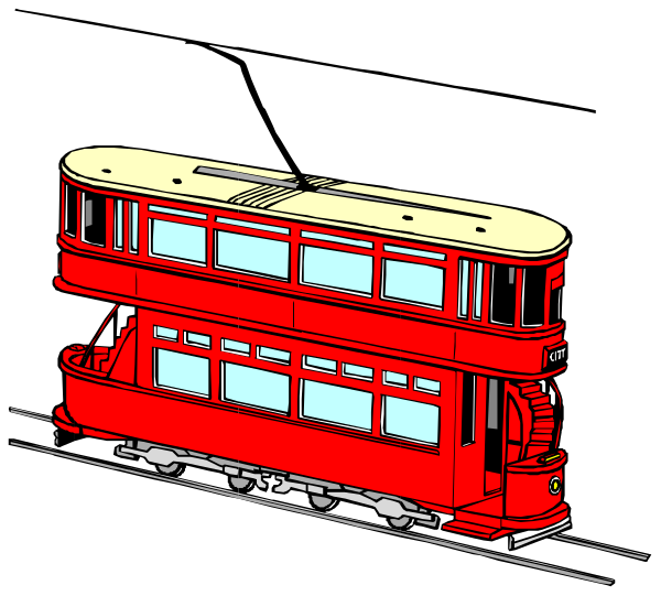 The image shows a red double decker bus on tracks with two levels of seating visible against a black background.