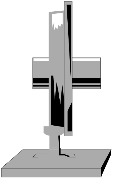 The black and white illustration shows a cross with an abstract figure standing on top of it against a dark background.
