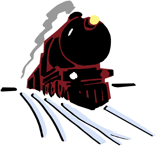 The image shows a black train with red lettering on it traveling down tracks at night under an overcast sky.