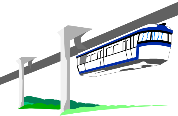 The image shows a blue train on an elevated track above water with green vegetation along its sides under what appears to be nighttime conditions.