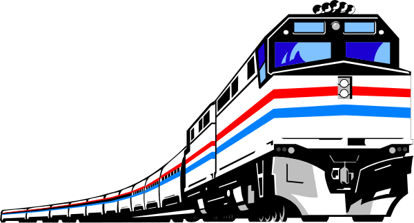 The image shows a black and white illustration of an Amtrak train with multiple cars on tracks at nighttime against a dark background.