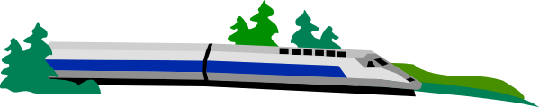 The image shows a train on tracks next to trees with green leaves against an overcast sky background.