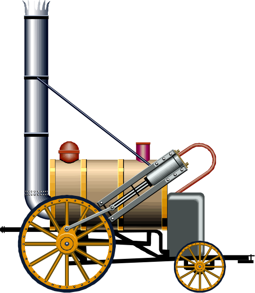 The image shows a cartoon illustration of an old steam locomotive with wheels on rails against a dark background.