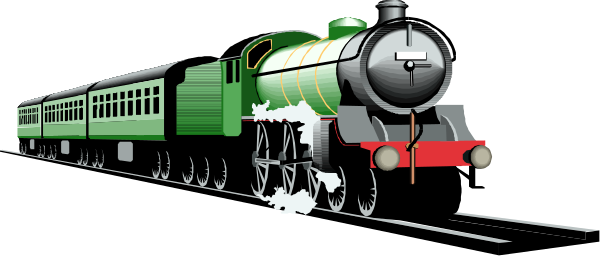 The image shows a black and white illustration of two trains on tracks with steam coming from them; there is no text present in this clip-art image.