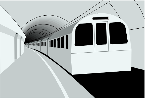 The image shows a black and white illustration of an empty subway train car on tracks inside what appears to be a tunnel with curved walls that converge in perspective towards vanishing points at either end.