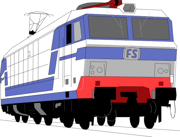 The image shows a colorful train with two cars on tracks against a dark background; it is stylized as clip-art.