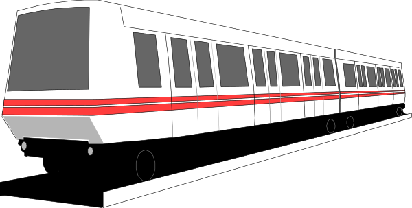 The image shows a train on tracks with red stripes at nighttime against a dark background.