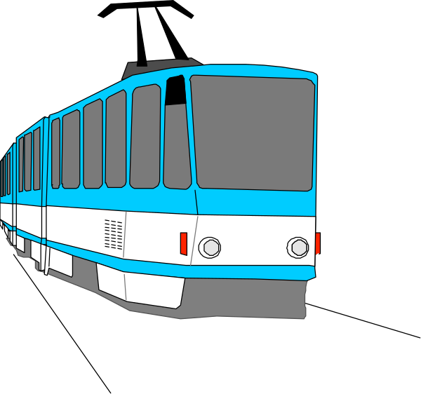 The image shows two different views of a blue train car on tracks against black backgrounds; there is no text present within this clip-art illustration.