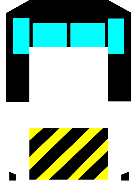 The image shows a pixelated representation of an electronic device with blue lights on its top right corner inside what appears to be a yellow caution box against a gray background.