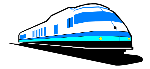 The image shows a blue train on tracks with windows against an otherwise dark background.
