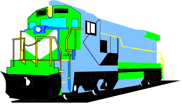 The image shows a colorful train with multiple cars on tracks against a dark background.