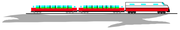 The image shows a train on tracks with red cars behind it against an overcast sky background.