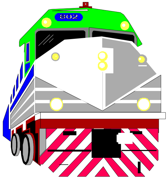 The image shows a colorful train with red stripes on its side parked next to tracks at what appears to be an outdoor station during daylight hours under clear skies.