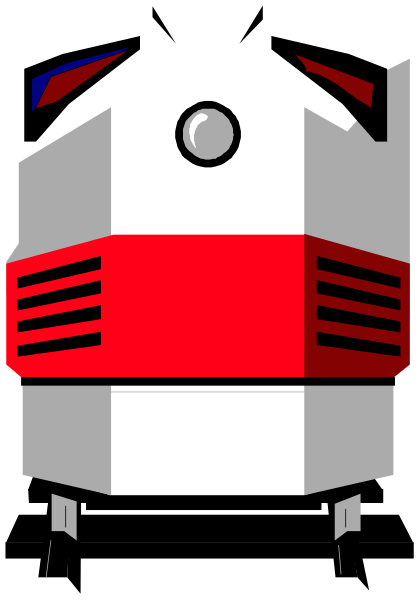 The image shows a pixelated depiction of an orange robot with white eyes standing next to what appears to be a train car in red and black stripes on tracks against a gray background.