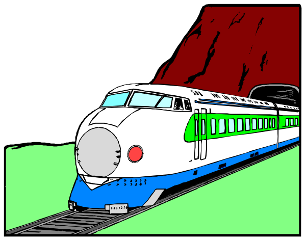 The image shows a train on two separate tracks with different backgrounds: 1) A red rocket-like backdrop behind one track; 2) An orange lava pit beneath another track. Both trains appear to be in motion, and there is no text present within this clip art illustration. There are also three distinct panels that show the train's progression from left to right across these two tracks with different background settings. The style of image appears cartoonish or comic-like due to its simplistic design elements such as bold outlines, flat colors and limited shading