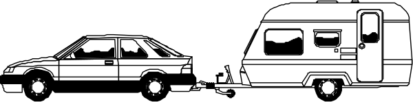 The black and white illustration shows a car driving on an empty road with two trailers parked beside it; there is no text present in this image.
