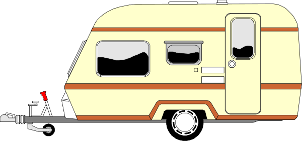 The image shows a yellow caravan parked on an unseen surface with its door open to reveal interior details such as seating area and storage compartments; there is no visible text in this clip-art illustration, which focuses solely on depicting the van's features without any additional context or background.