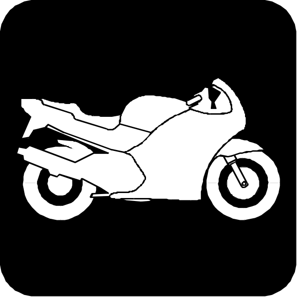 The black and white silhouette of a motorcycle on wheels with two tires visible against an untextured background.