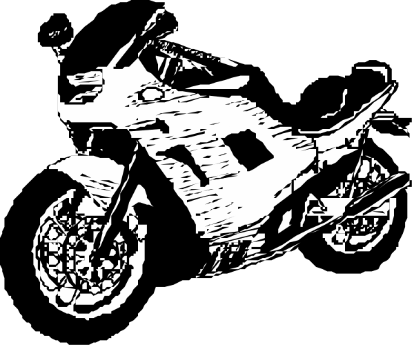 The black and white illustration shows a motorcycle with its front facing forward against an indistinct background.