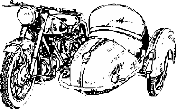 The black and white illustration shows a collection of old motorcycles with different designs parked next to each other on what appears to be an outdoor surface under clear skies.