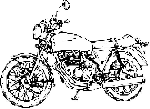 The black and white illustration shows a motorcycle with two wheels visible on each side of it parked against what appears to be another vehicle in an outdoor environment.