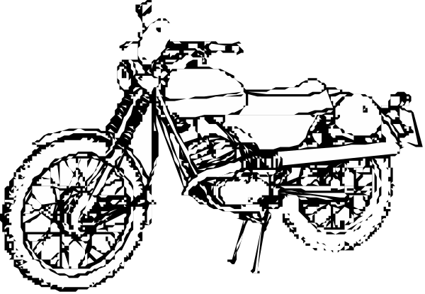 The black and white illustration shows a motorcycle with two wheels visible on its left side parked next to another similar-looking vehicle that is also partially shown in profile view; both vehicles have saddlebags attached, suggesting travel preparation for long distances.