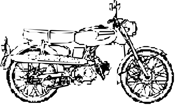 The black and white illustration shows a vintage motorcycle with saddlebags on either side of it parked next to an old-fashioned suitcase.