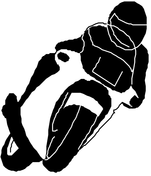 The black and white silhouette of a person riding on a motorcycle with wheels visible beneath it against an untextured background.