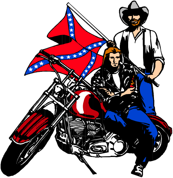 The image features a black and white illustration of two individuals on a motorcycle with an American flag motif behind them.