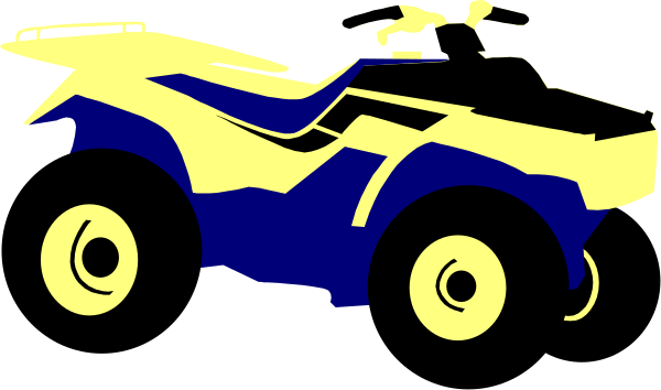 The image shows a blue all terrain vehicle (ATV) with yellow accents on its wheels against a black background.