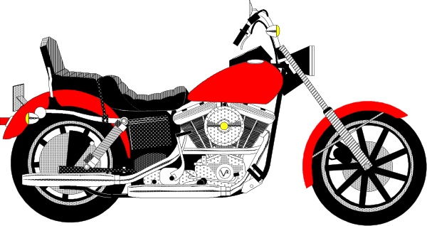 The image shows a black and white illustration of two motorcycles with red accents parked side by side on what appears to be an asphalt surface at nighttime.