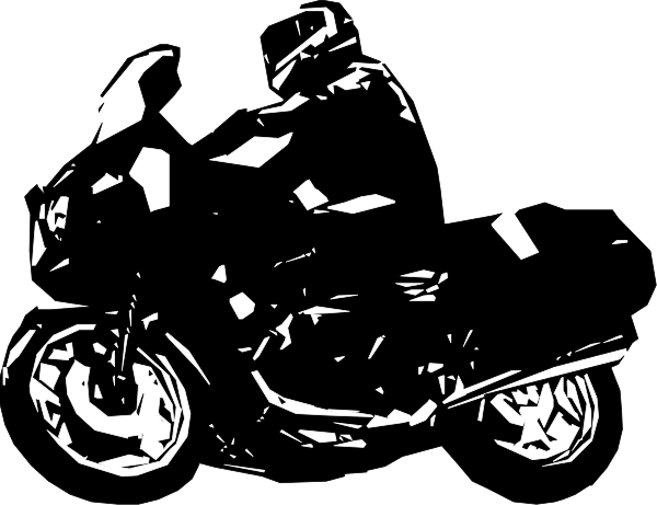 The black and white silhouette of a motorcycle with rider on it against an indistinct background.