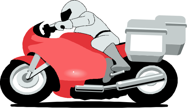 The image shows a person riding on top of an orange motorcycle with flames coming out from behind it; there is no text present in this clip-art illustration.