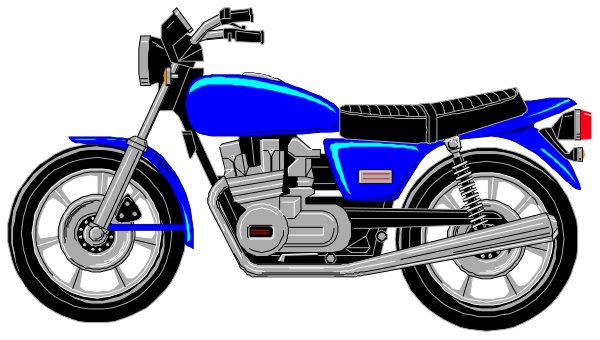 The image shows a blue motorcycle with black wheels parked on an unseen surface against a dark background.