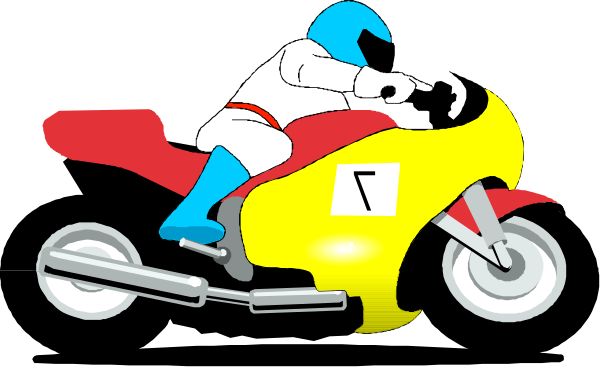 The image shows a cartoon of an animated motorcycle rider on top of a yellow sports bike with red wheels riding down what appears to be a road at nighttime.