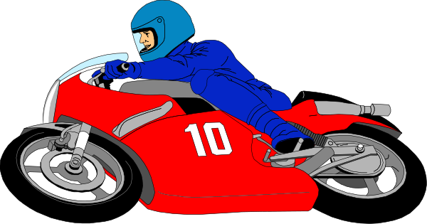 The illustration shows a person on a motorcycle with number 10 riding it at high speed down what appears to be an empty roadway under clear skies during daylight hours. There is no text present in this image, and all objects depicted here can only be described as static since the image does not depict any actions or movement beyond that of a single moment captured by the illustration.
