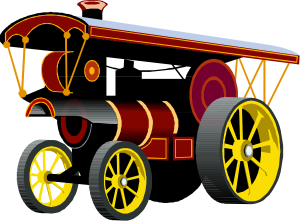 The image shows a colorful cartoon of an old steam locomotive with red wheels on its sides, yellow spokes in each wheel, black smokestacks at either end, gold detailing around windows and doors, and is set against a plain background that does not provide any additional context or setting.