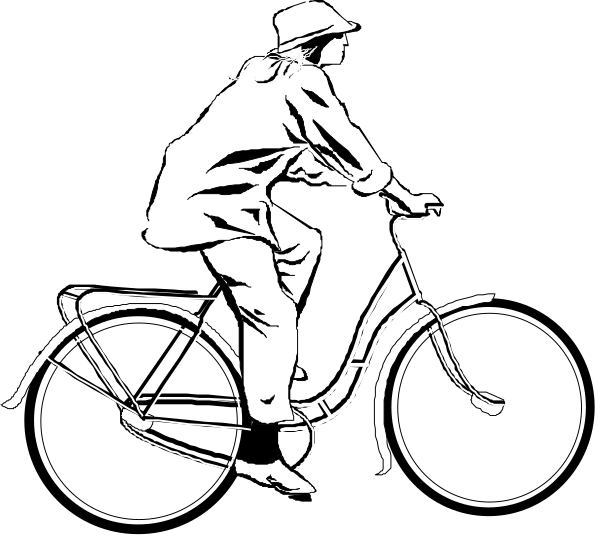 The black and white illustration shows a person riding an old bicycle with large wheels on what appears to be a city street at nighttime.