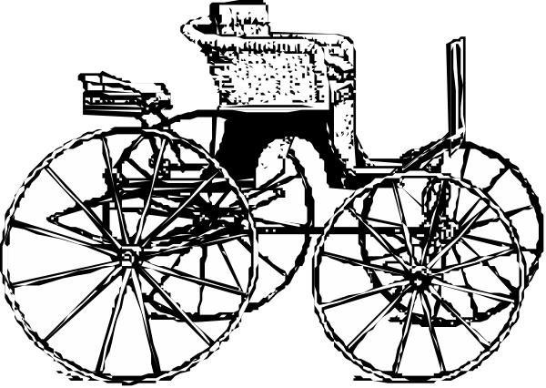 The black and white illustration shows a horse carriage with two wheels on each side of it, positioned next to another similar wagon that is partially visible at its left edge within an enclosed space resembling a stall.