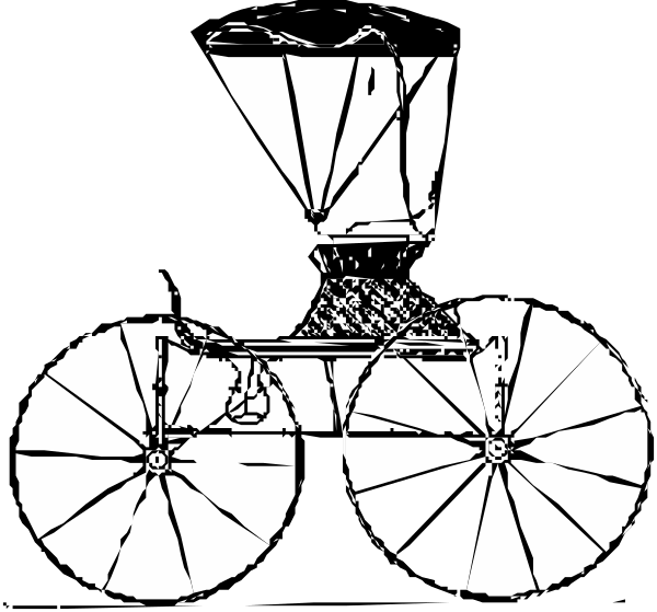 The black and white illustration shows a horse pulling an open carriage with two wheels on either side of it.