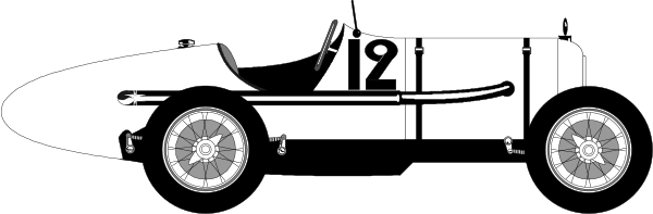 The black and white illustration shows a vintage race car with visible number 6 on its side parked next to an unidentified person standing beside it in what appears to be a garage-like environment. There is no text present within this image, so there's nothing that can confidently be described as being written or printed herein. The focus of the illustration seems to be solely upon these two subjects: one man and his race car.