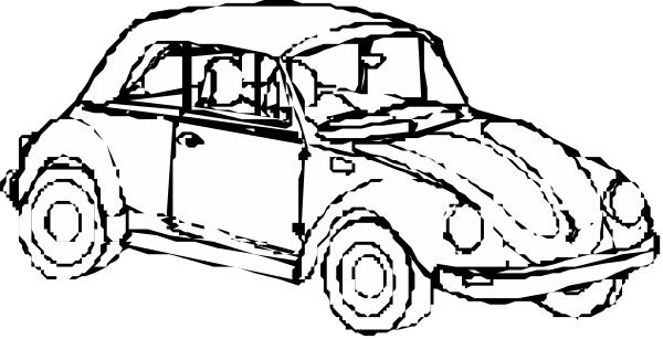 The black and white illustration shows a vintage Volkswagen car with two wheels visible on its left side parked next to an older model of another vehicle that is partially obscured by the first one; there's no text present in this image, which focuses solely on these vehicles without any additional context or background.