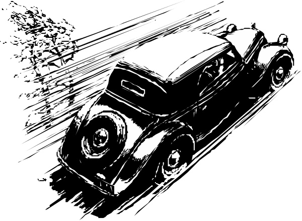 The black and white photo shows a car with its headlights on parked at night next to an open umbrella under which there is no one visible in front of it.