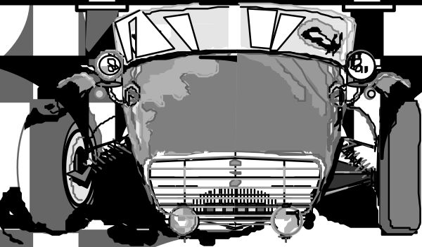 The black and white illustration shows a vintage car with an open hood parked on what appears to be grassy ground under clear skies.