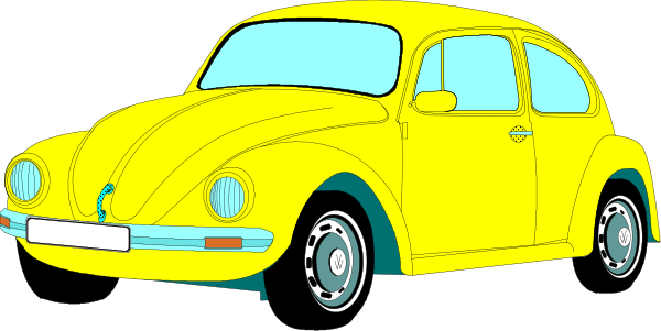 The image shows a yellow Volkswagen beetle car with two doors parked on what appears to be an asphalt surface at nighttime under artificial lighting.