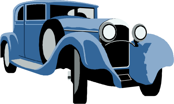 The image shows a blue vintage car with its hood up parked next to another similar vehicle on what appears to be an old-fashioned roadway at nighttime.