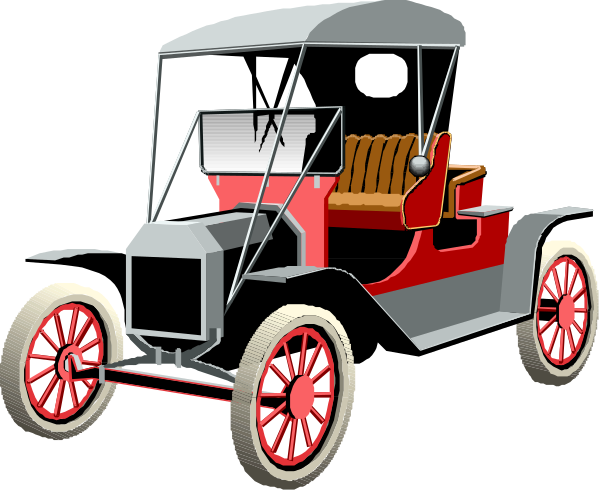 The image shows a vintage red car with white trim parked on an unseen roadway next to it is a black carriage-style vehicle also known as a buggy.