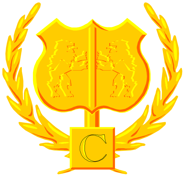 The logo features a shield with two crossed swords on either side of an emblem that resembles a castle gateway in gold coloring against a red background at its center. Above this central design is a laurel wreath, and below it rests another smaller shield bearing the letters "C" inside a circle. The overall style suggests heraldry or coat-of-arms imagery commonly associated with historical organizations such as guilds or clubs.