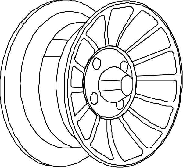 The black and white illustration shows three car wheels with different designs on a dark background.